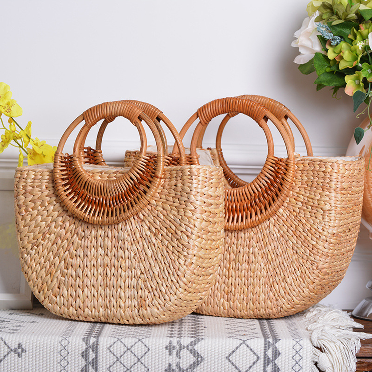 Natural straw woven moon-shaped rattan handle handbag