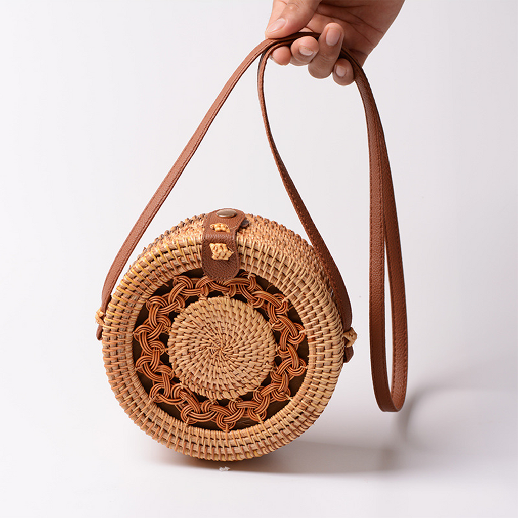 Sunny Warmth Hollow-out Rattan Woven Round Crossbody Bag