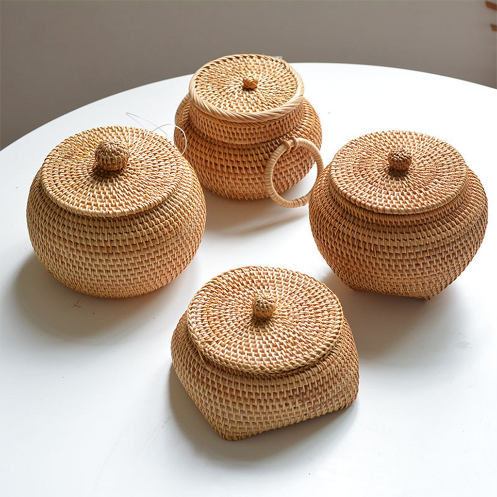 Natural primary color rattan woven storage jar with lid