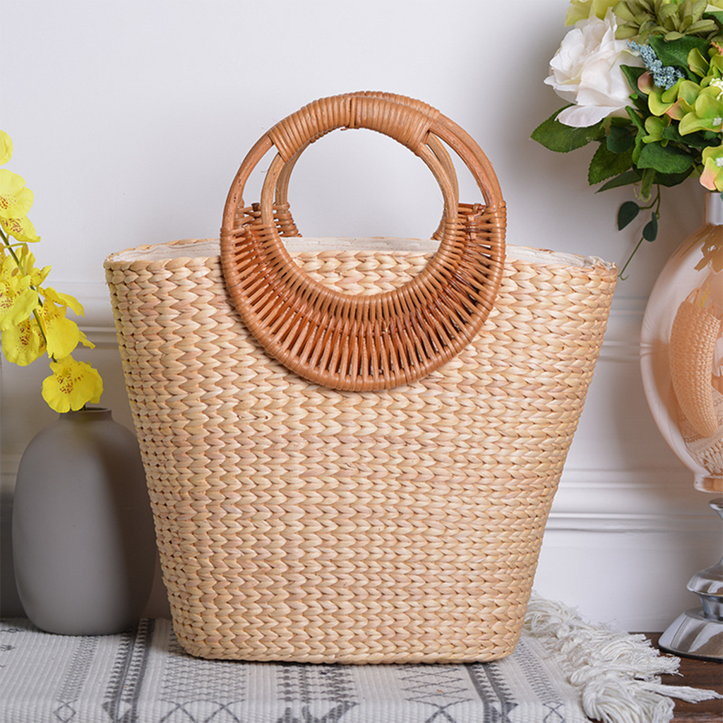 Straw-woven moon-shaped handle handbag