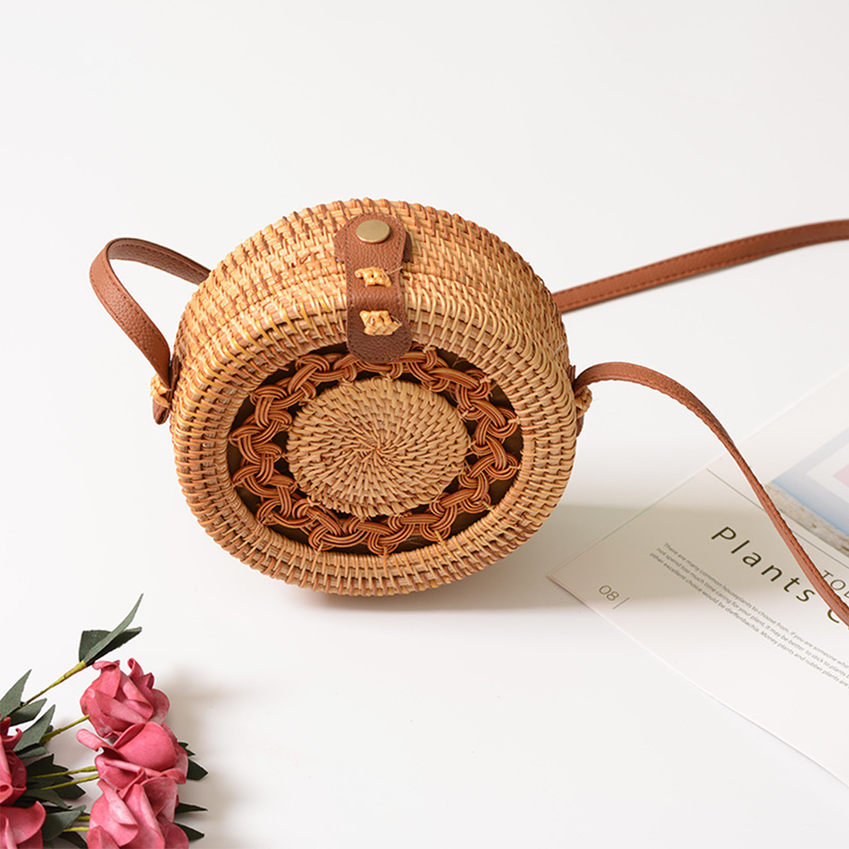 Sunny Warmth Hollow-out Rattan Woven Round Crossbody Bag