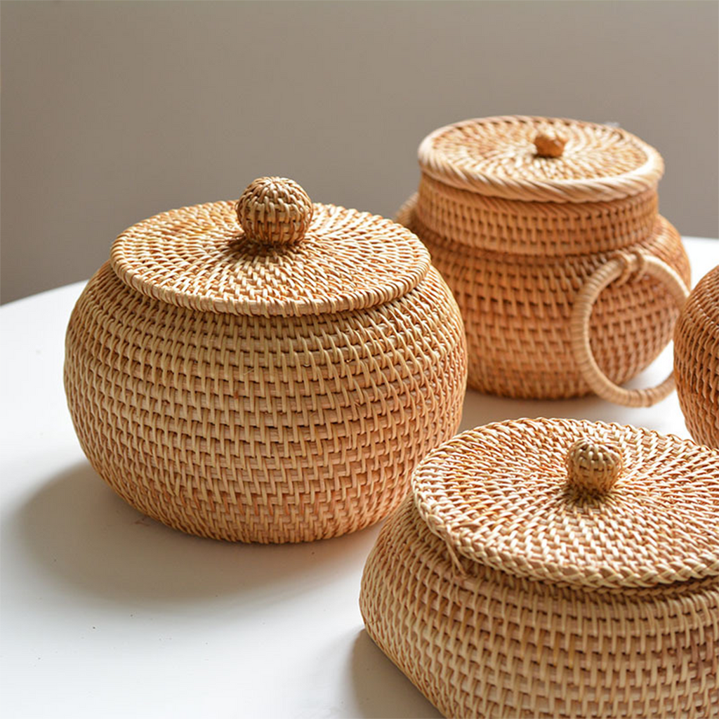 Natural primary color rattan woven storage jar with lid