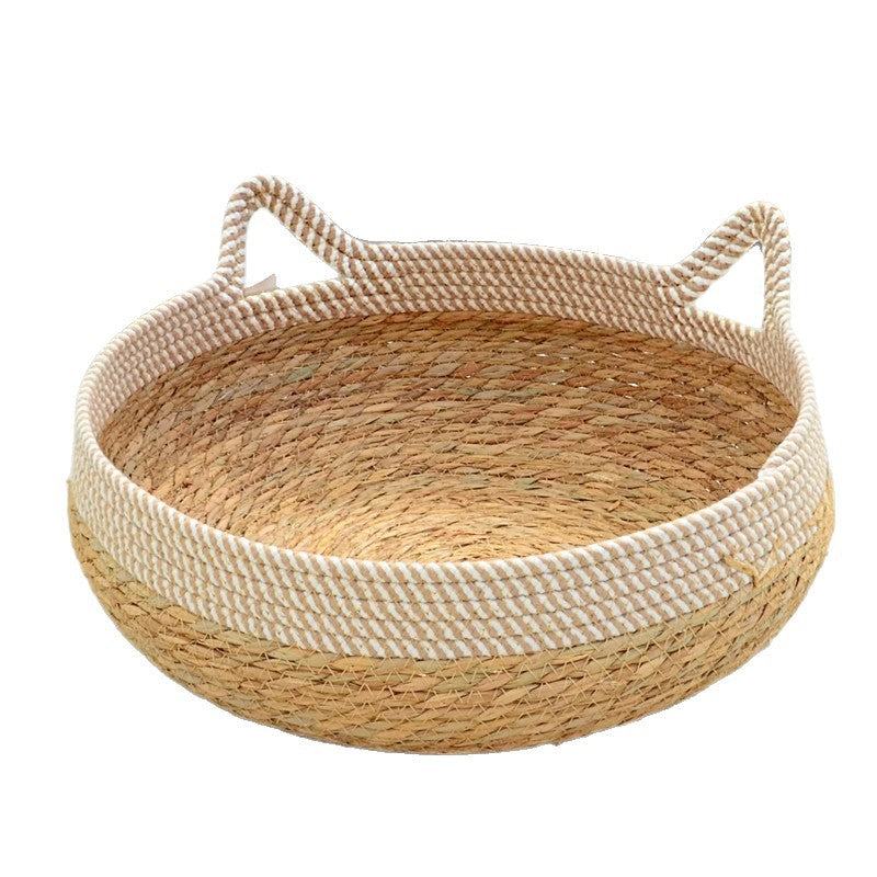Natural straw-woven cat ear pet bed