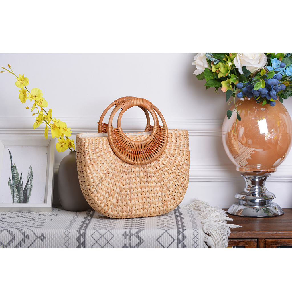Natural straw woven moon-shaped rattan handle handbag
