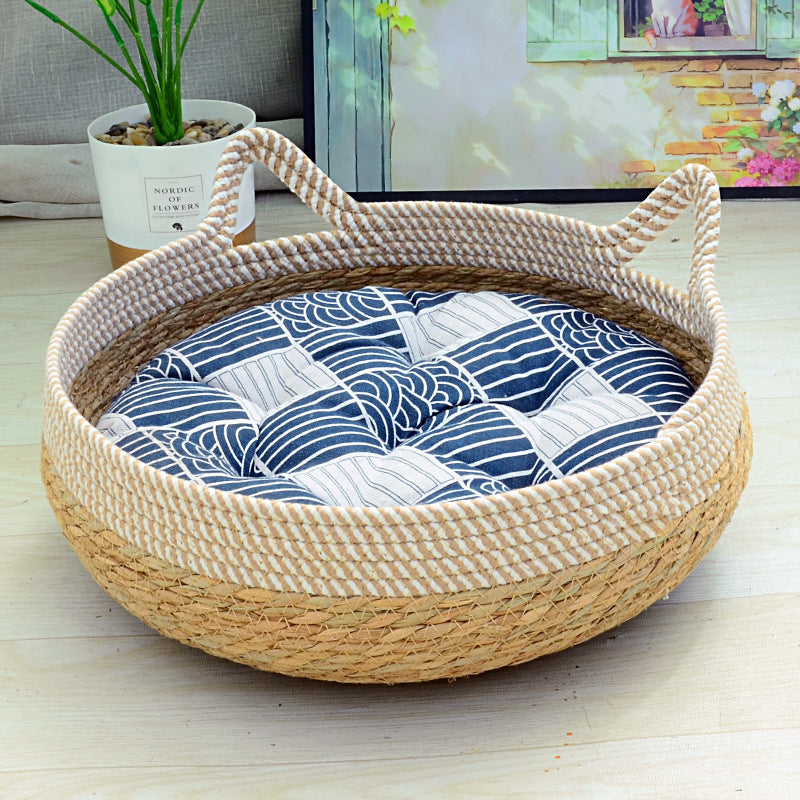 Natural straw-woven cat ear pet bed
