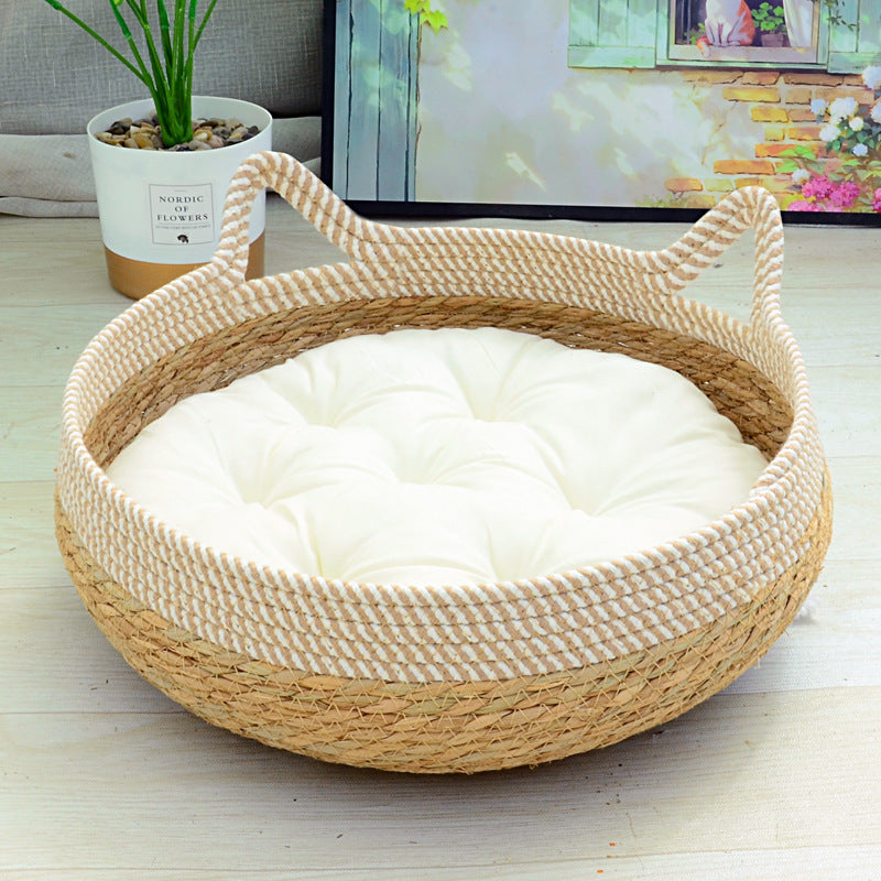 Natural straw-woven cat ear pet bed