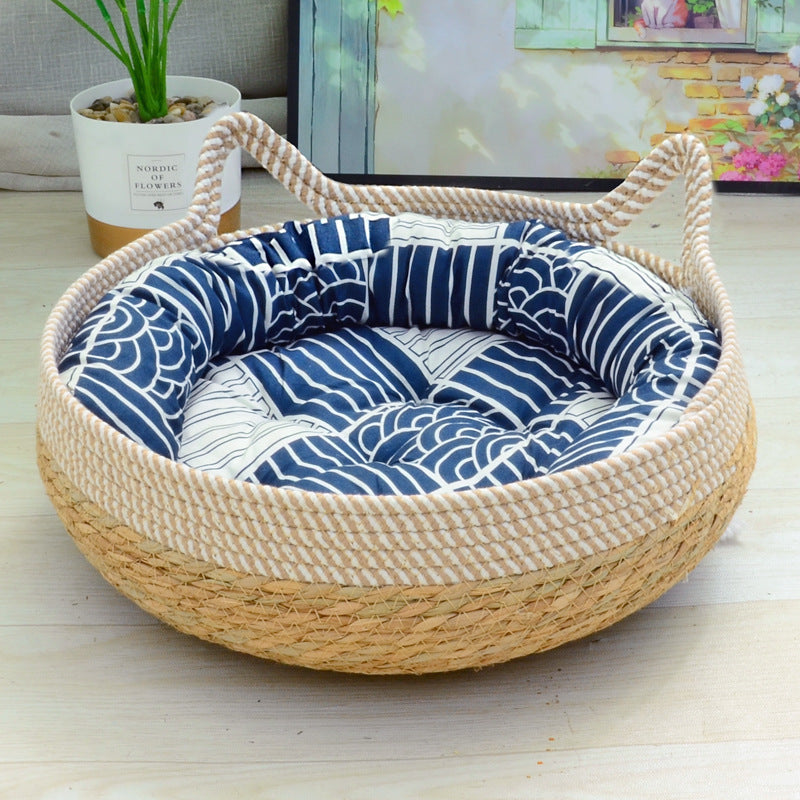 Natural straw-woven cat ear pet bed