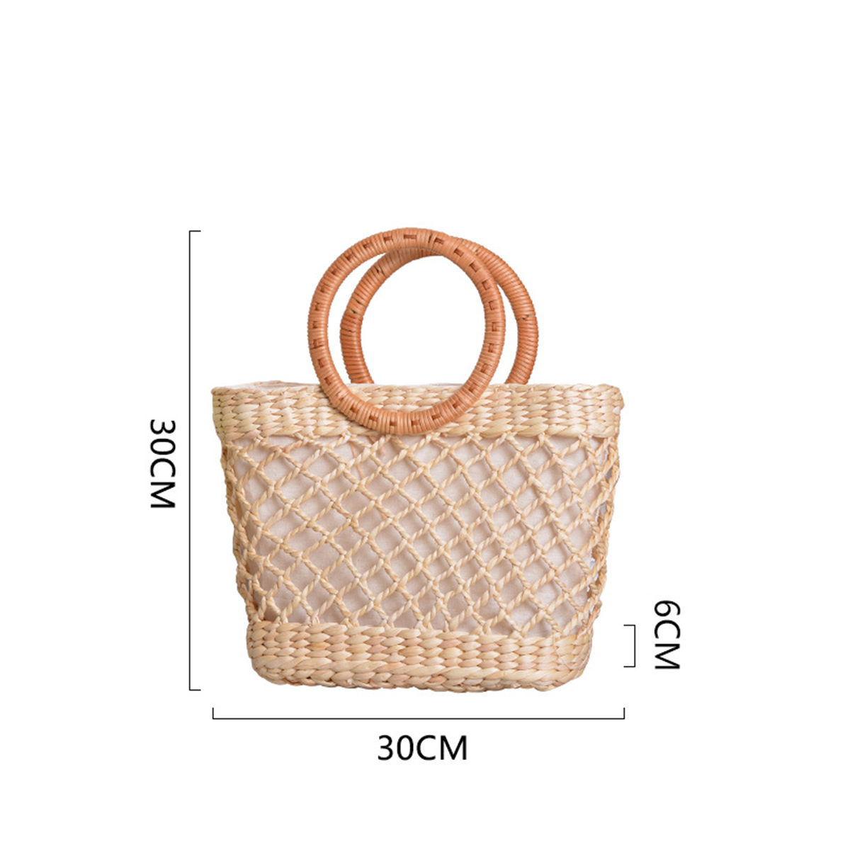Grid-patterned natural straw double-loop handbag