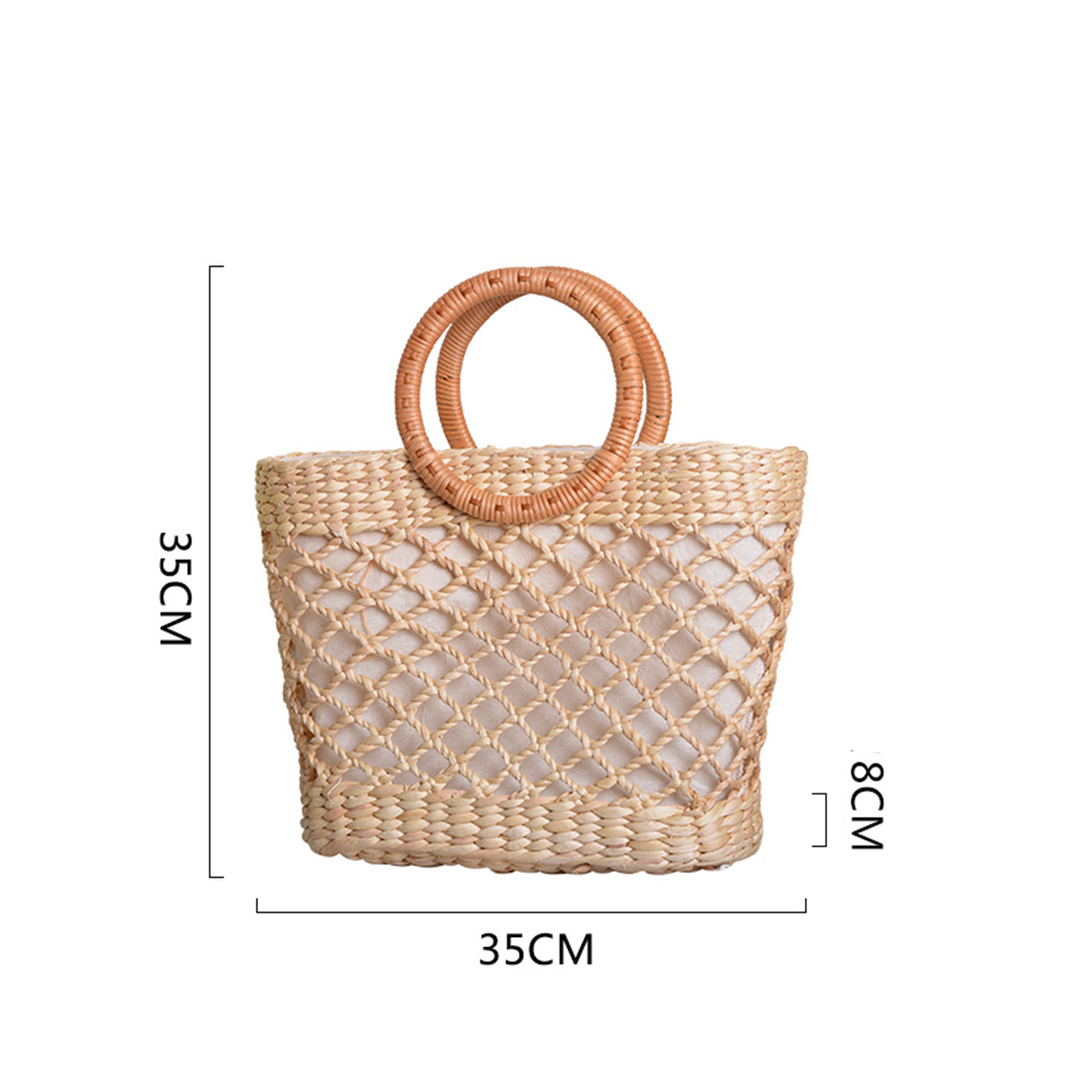 Grid-patterned natural straw double-loop handbag