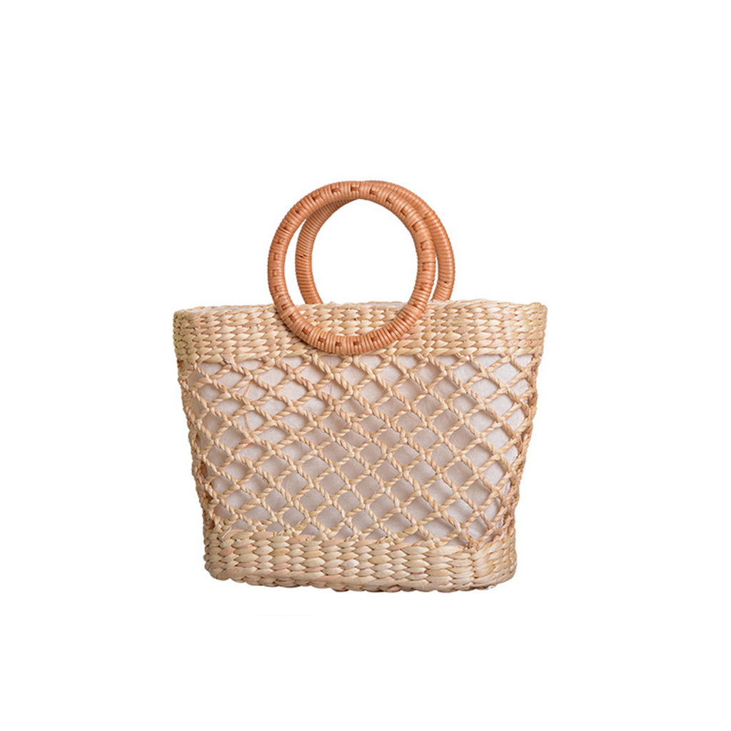 Grid-patterned natural straw double-loop handbag
