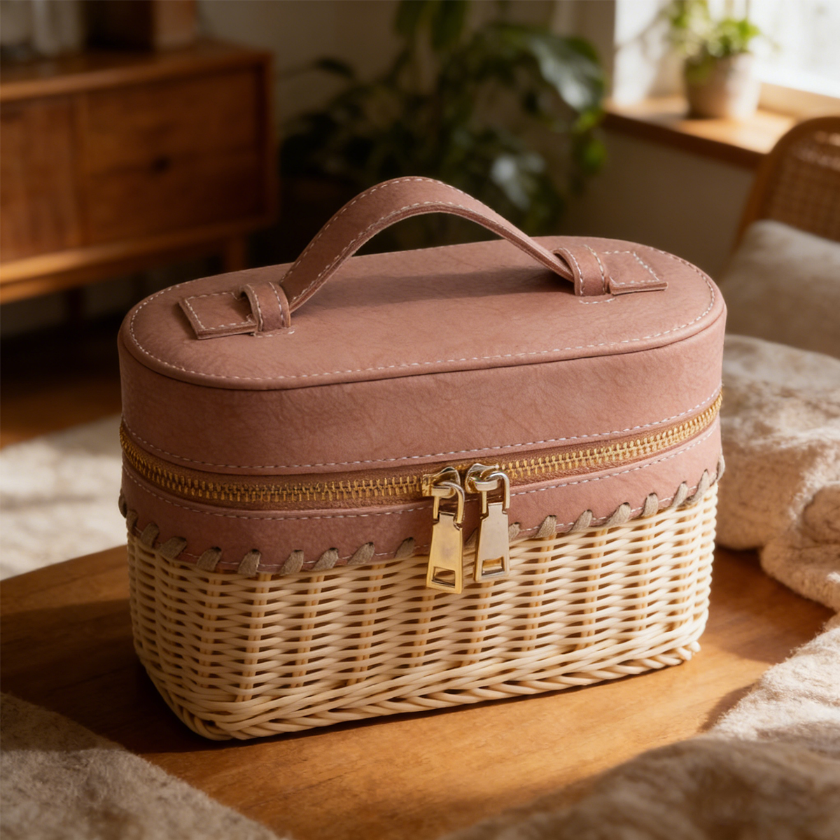Soft pink woven handbag