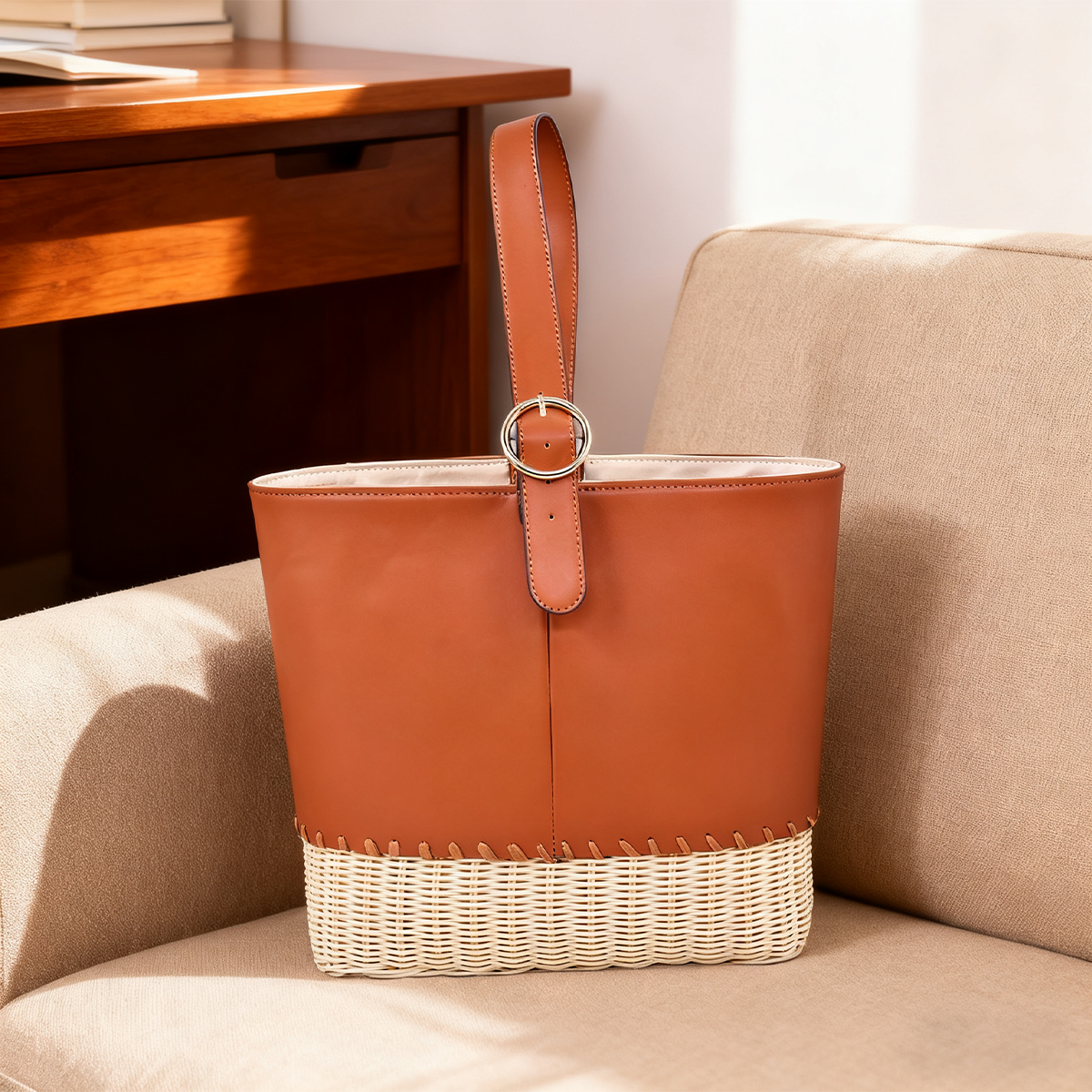 Caramel Brown Leather Rattan bucket bag