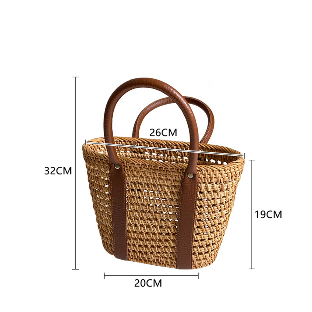 Natural primary color mango-woven contrast color leather handle handbag tote