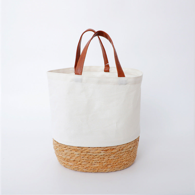 Canvas straw woven color-block cylinder handbag