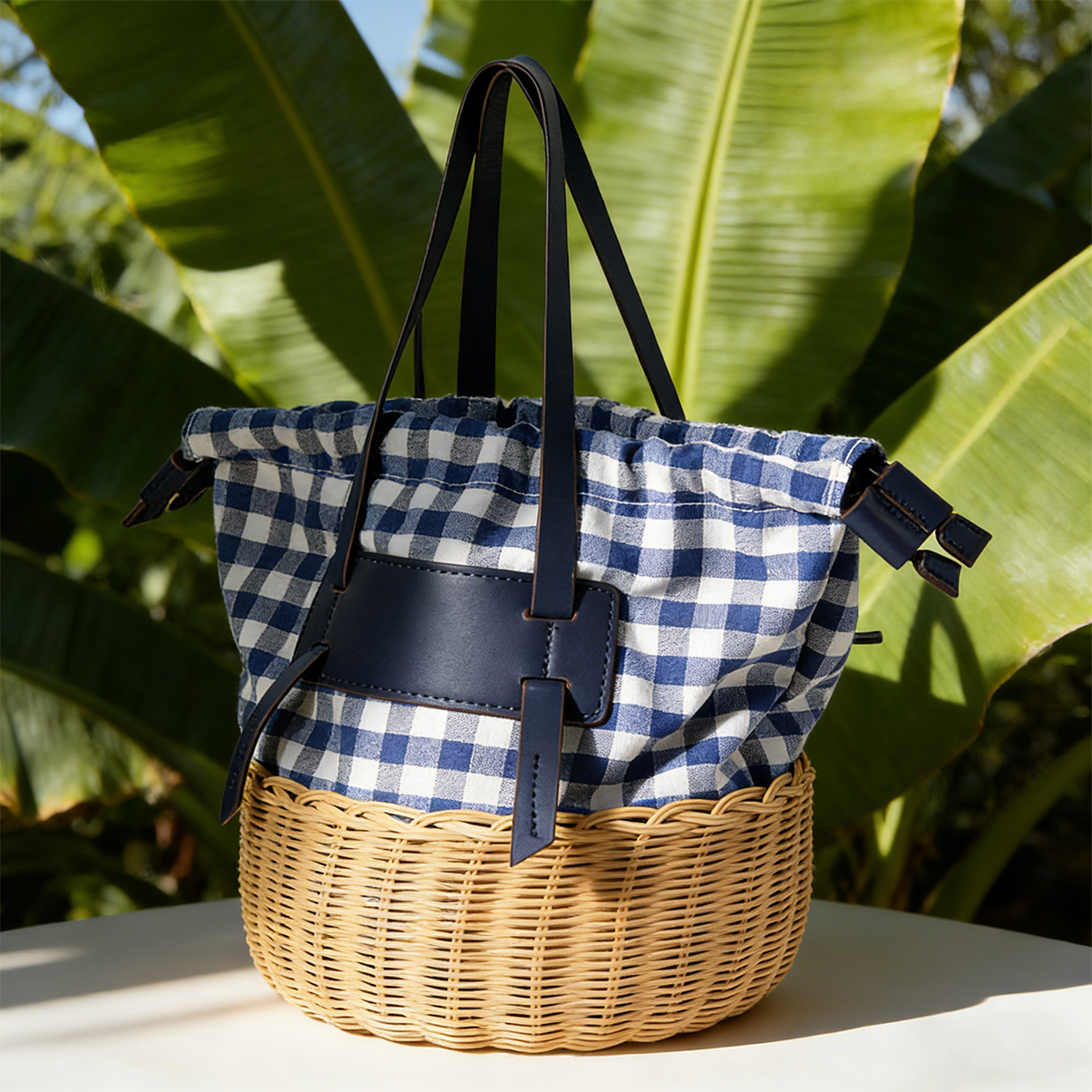 Gingham Rattan Bucket