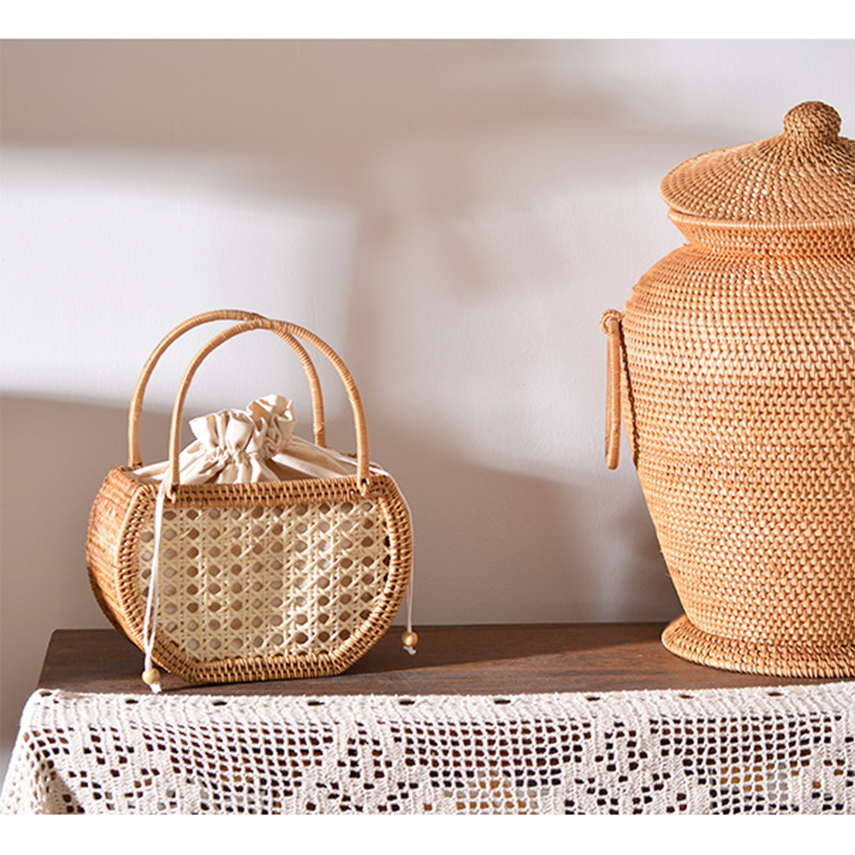Natural rattan woven hollow oval handbag