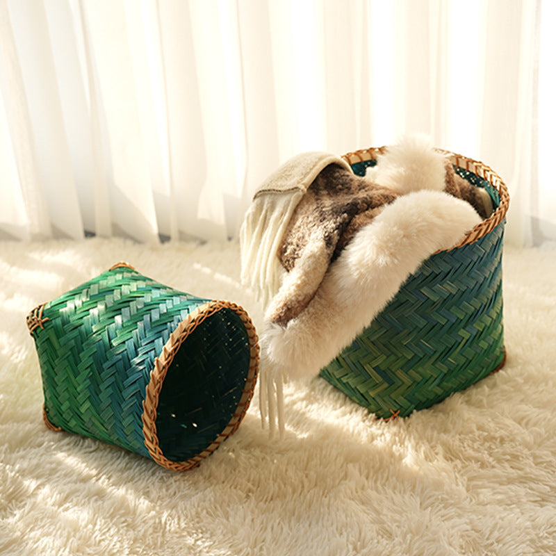 Gradient Green Bamboo Woven Square Storage Basket