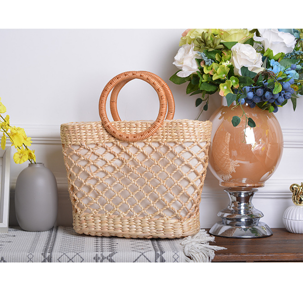 Grid-patterned natural straw double-loop handbag