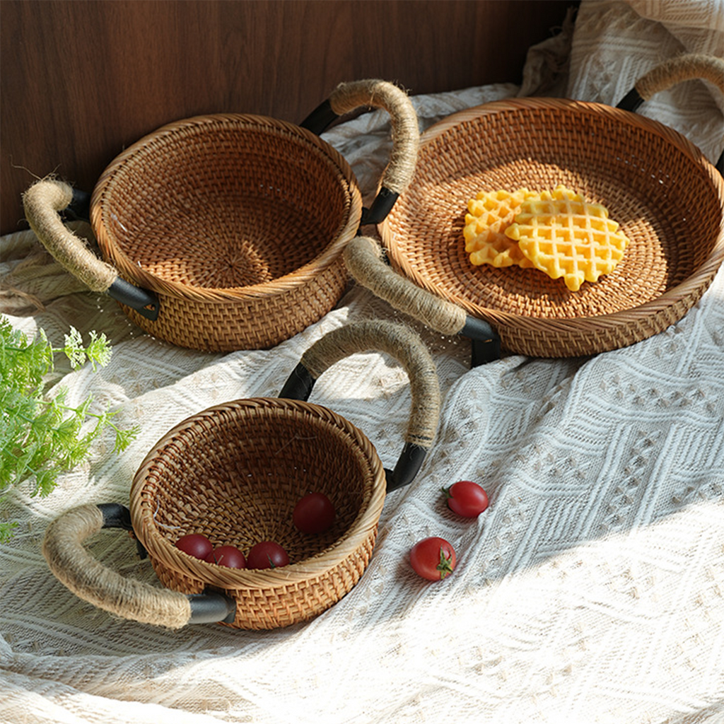 Natural Rattan Storage Basket Series with Hemp Rope Handles
