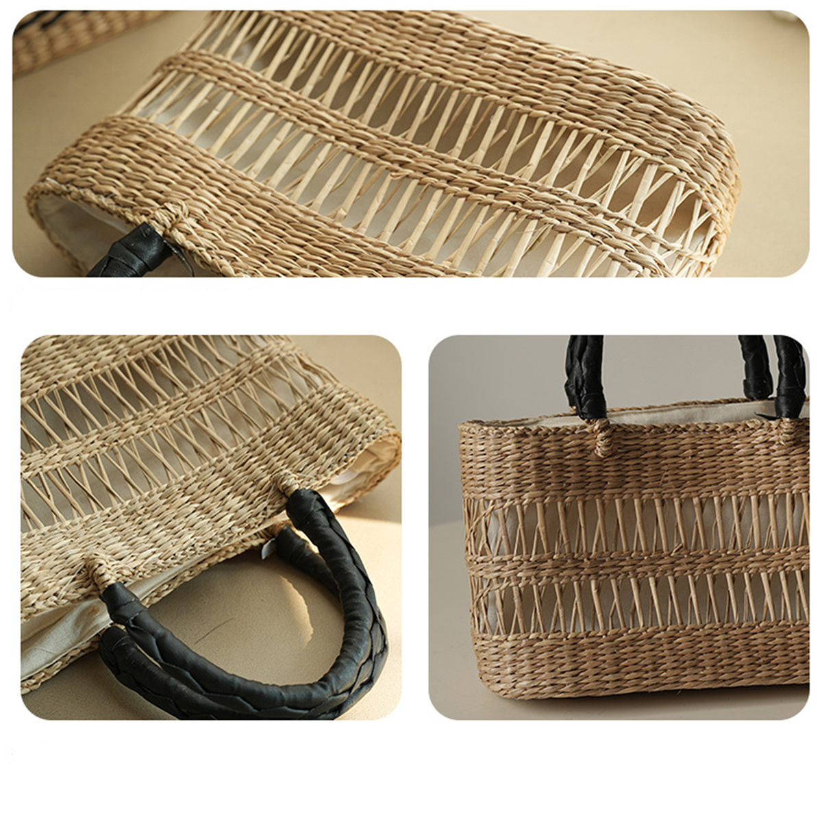 Natural straw woven hollow-out striped handbag