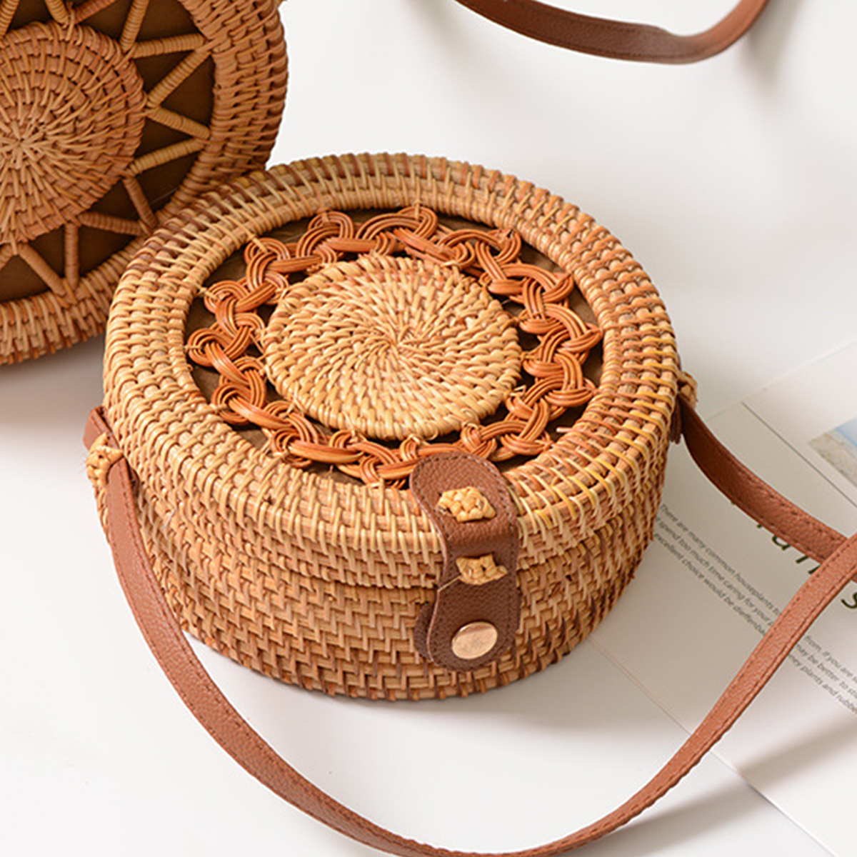 Sunny Warmth Hollow-out Rattan Woven Round Crossbody Bag