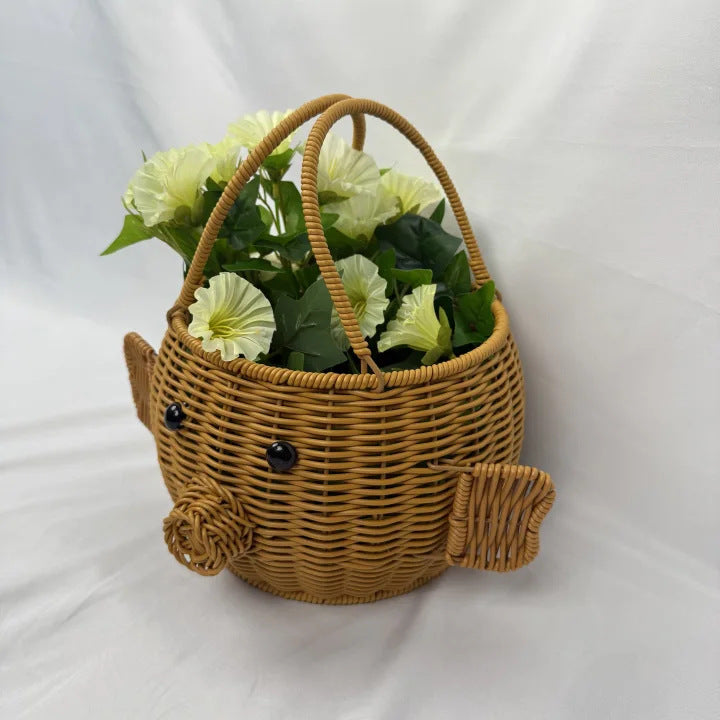 Cartoon pig-shaped rattan-like woven handbag storage basket