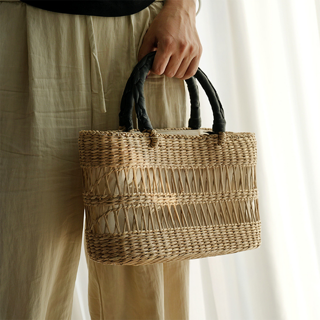 Natural straw woven hollow-out striped handbag
