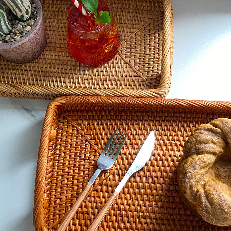 Natural Rattan Woven Rectangular Tray with Double Handles