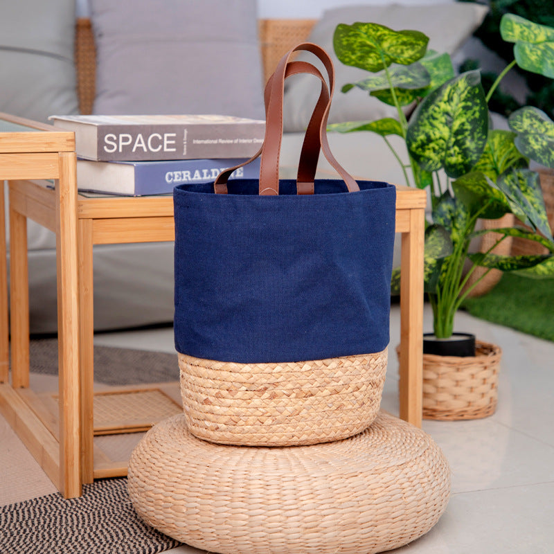 Navy blue canvas straw woven color-block tote bag