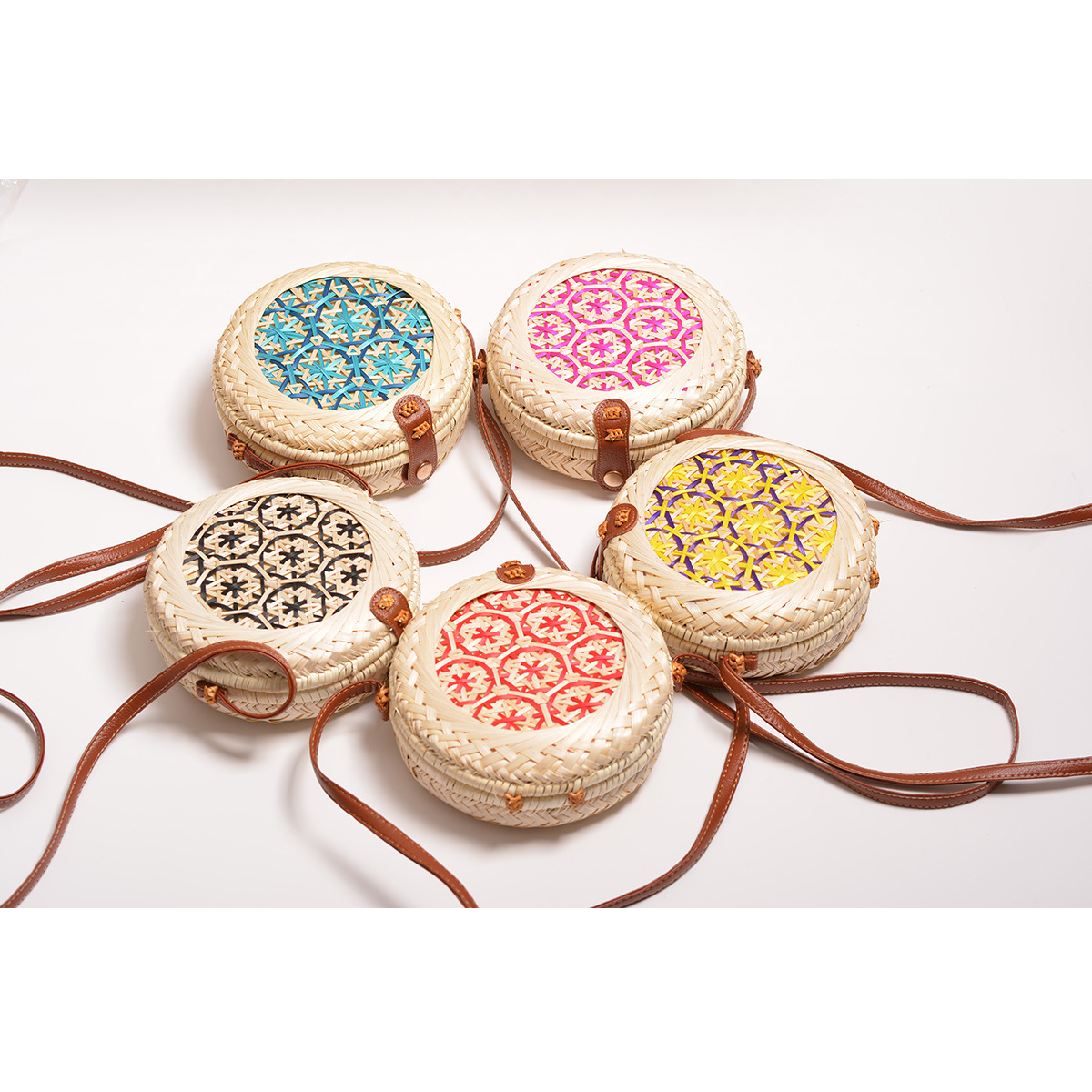 Natural Rattan Woven Colorful Pattern Round Box Crossbody Bag
