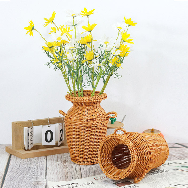Rattan-like Double-eared Retro Decorative Vase