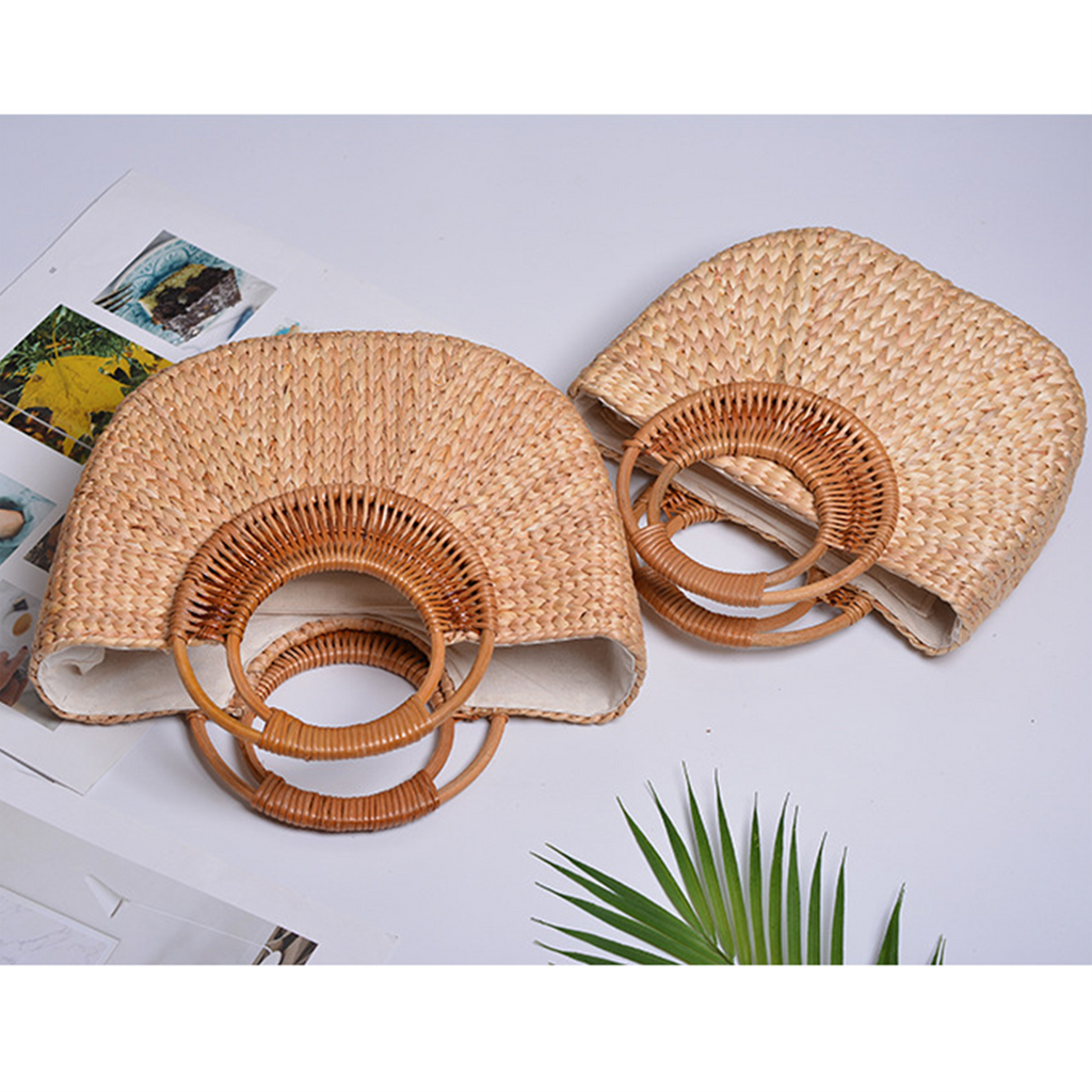 Natural straw woven moon-shaped rattan handle handbag