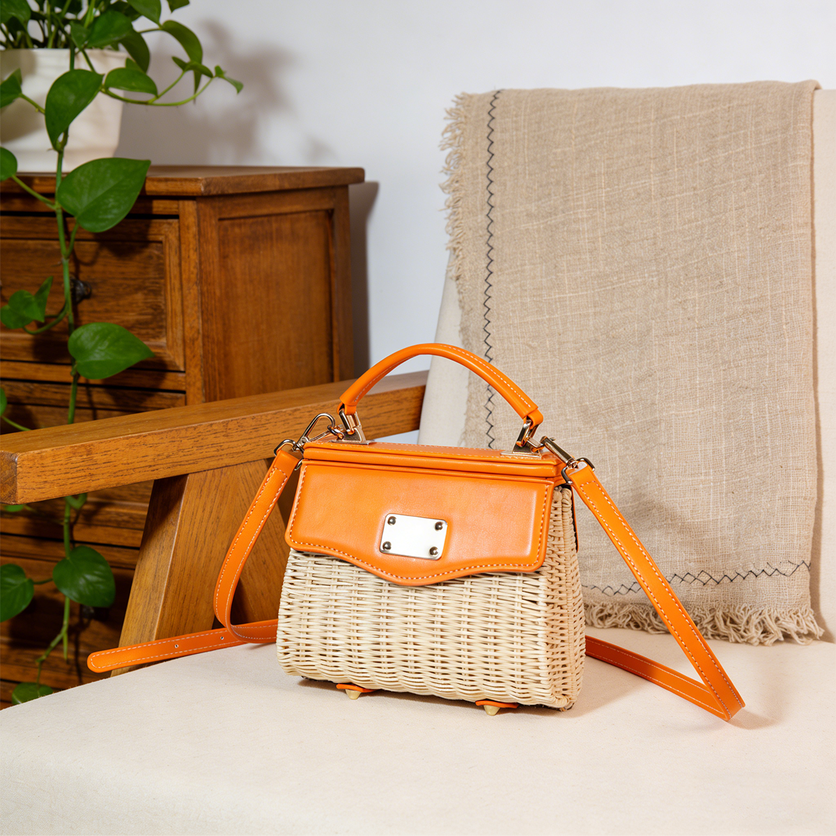 Orange Light Rattan Woven Square Box Bag