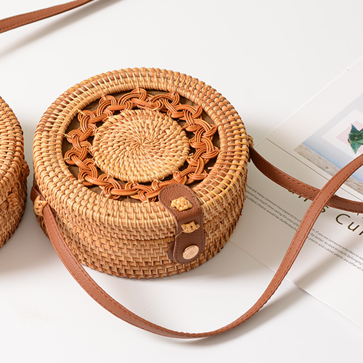 Sunny Warmth Hollow-out Rattan Woven Round Crossbody Bag