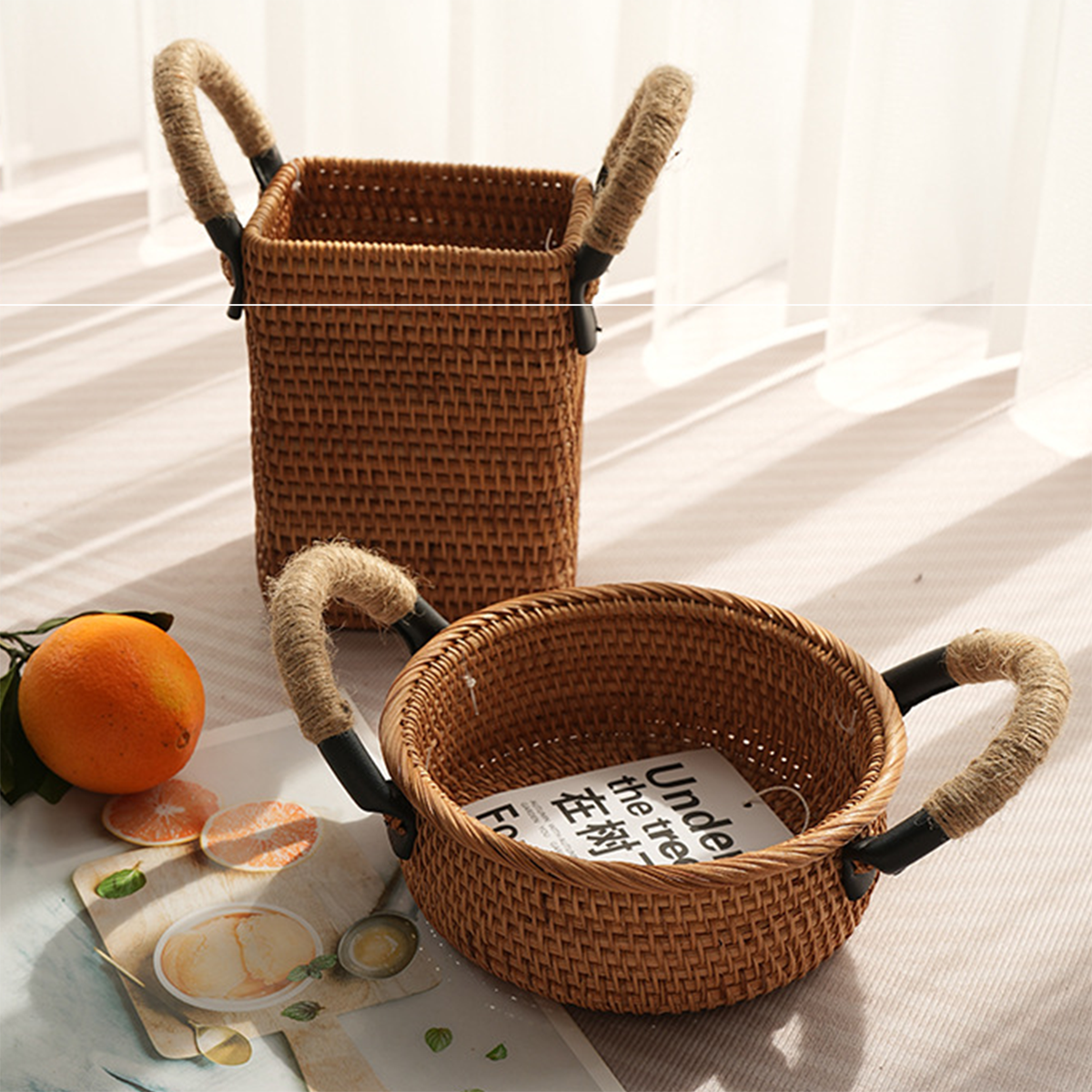 Natural Rattan Storage Basket Series with Hemp Rope Handles