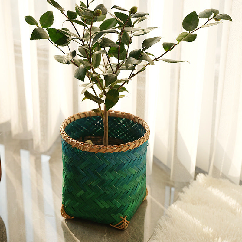 Gradient Green Bamboo Woven Square Storage Basket