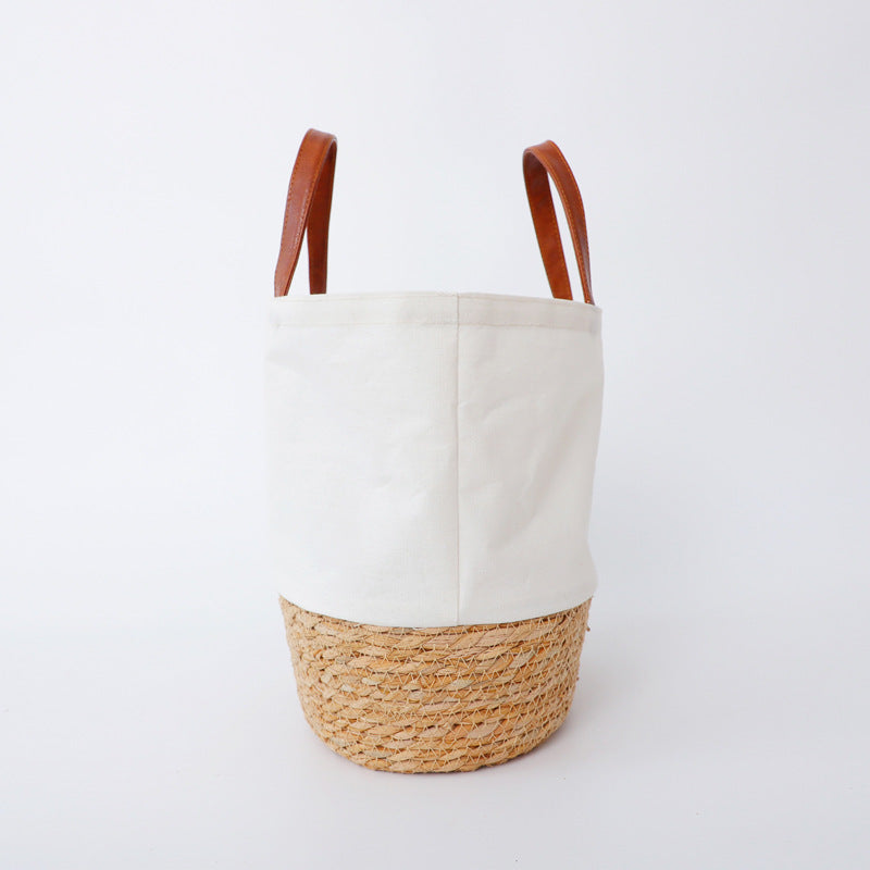 Canvas straw woven color-block cylinder handbag