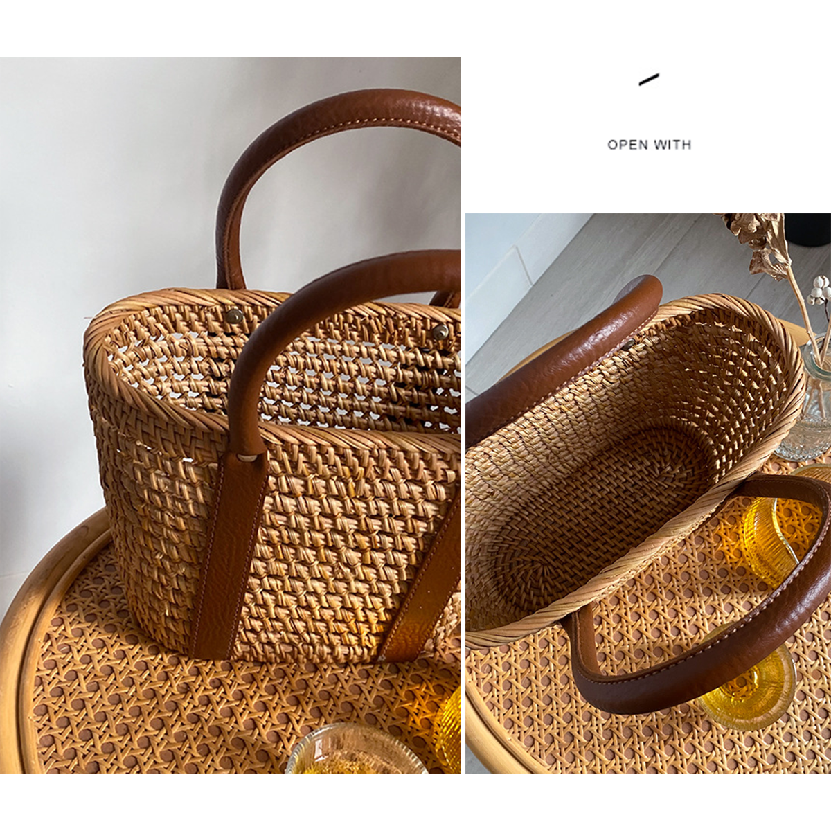 Natural primary color mango-woven contrast color leather handle handbag tote