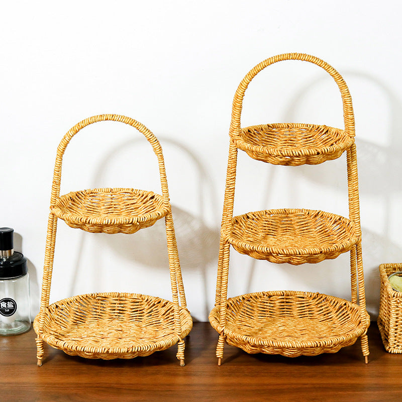 Rattan-woven multi-layer hand-held snack and fruit basket