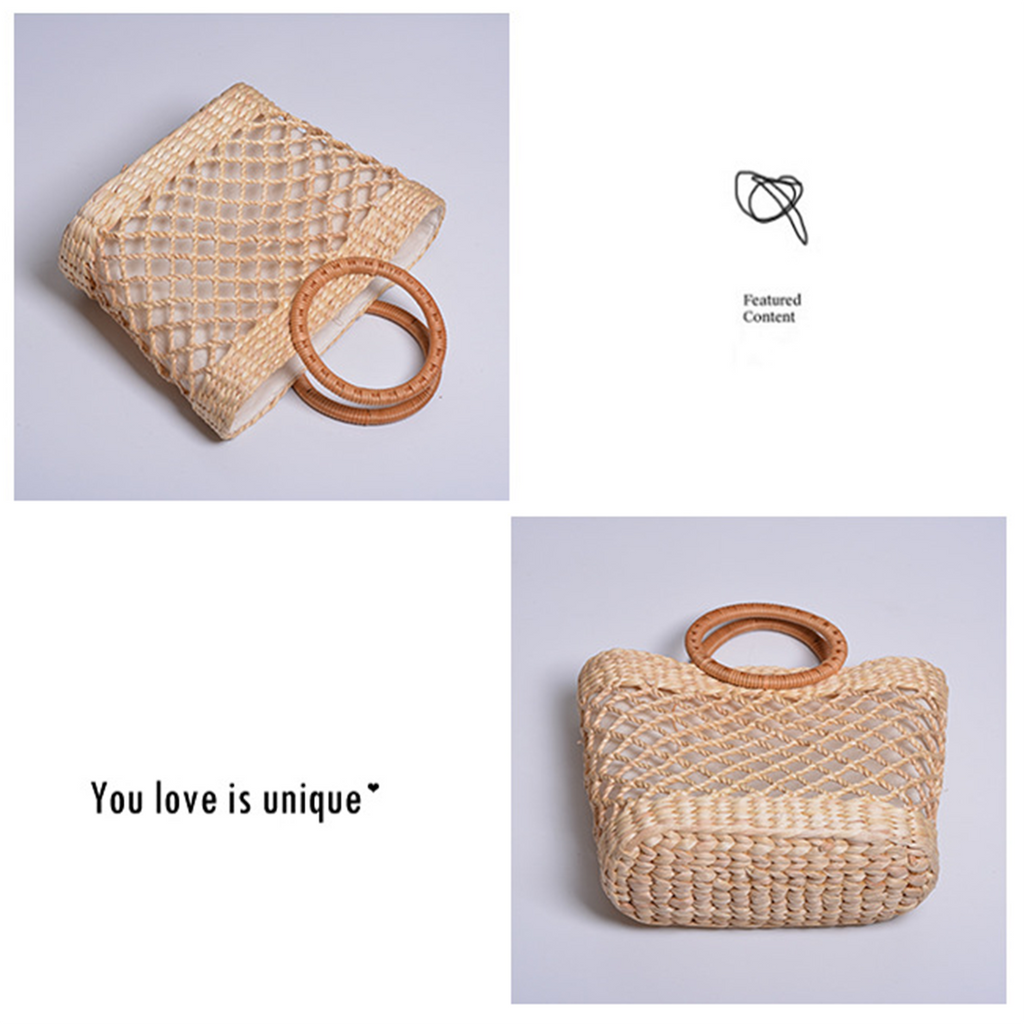 Grid-patterned natural straw double-loop handbag