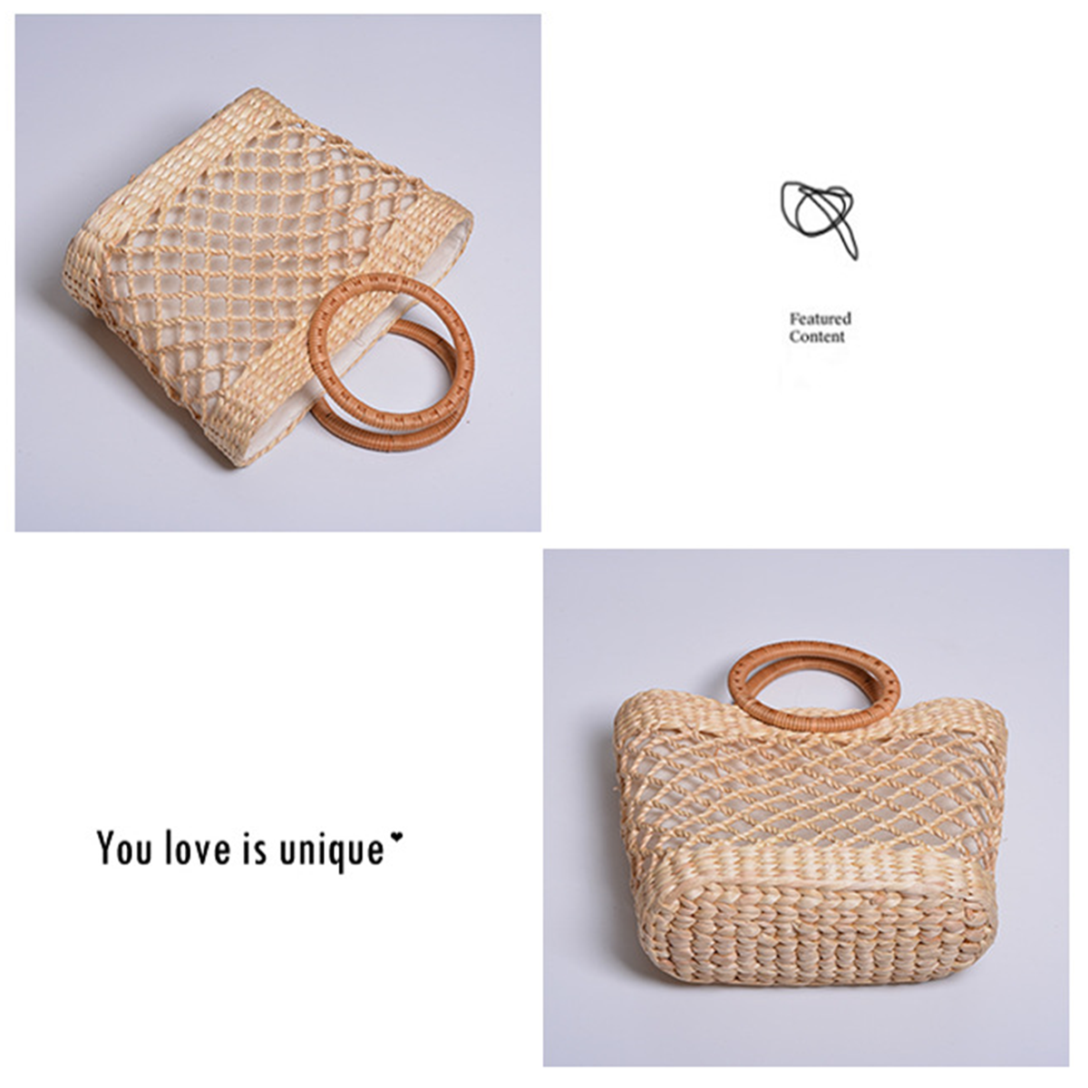 Grid-patterned natural straw double-loop handbag