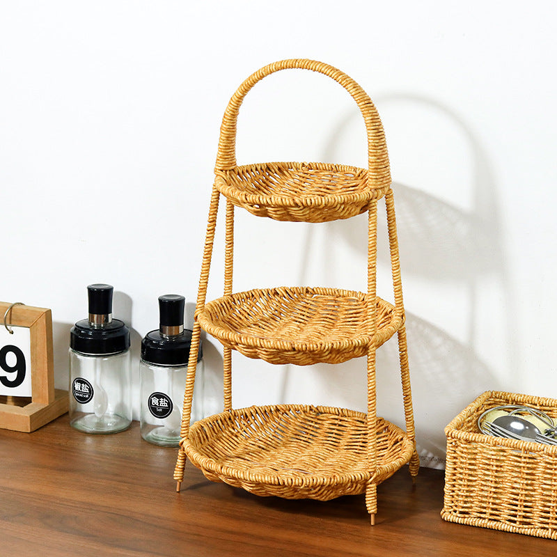 Rattan-woven multi-layer hand-held snack and fruit basket