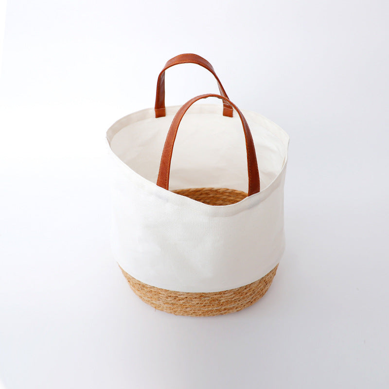 Canvas straw woven color-block cylinder handbag