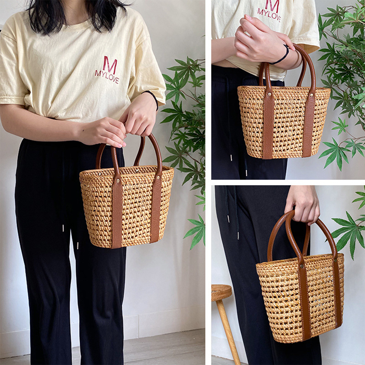 Natural primary color mango-woven contrast color leather handle handbag tote