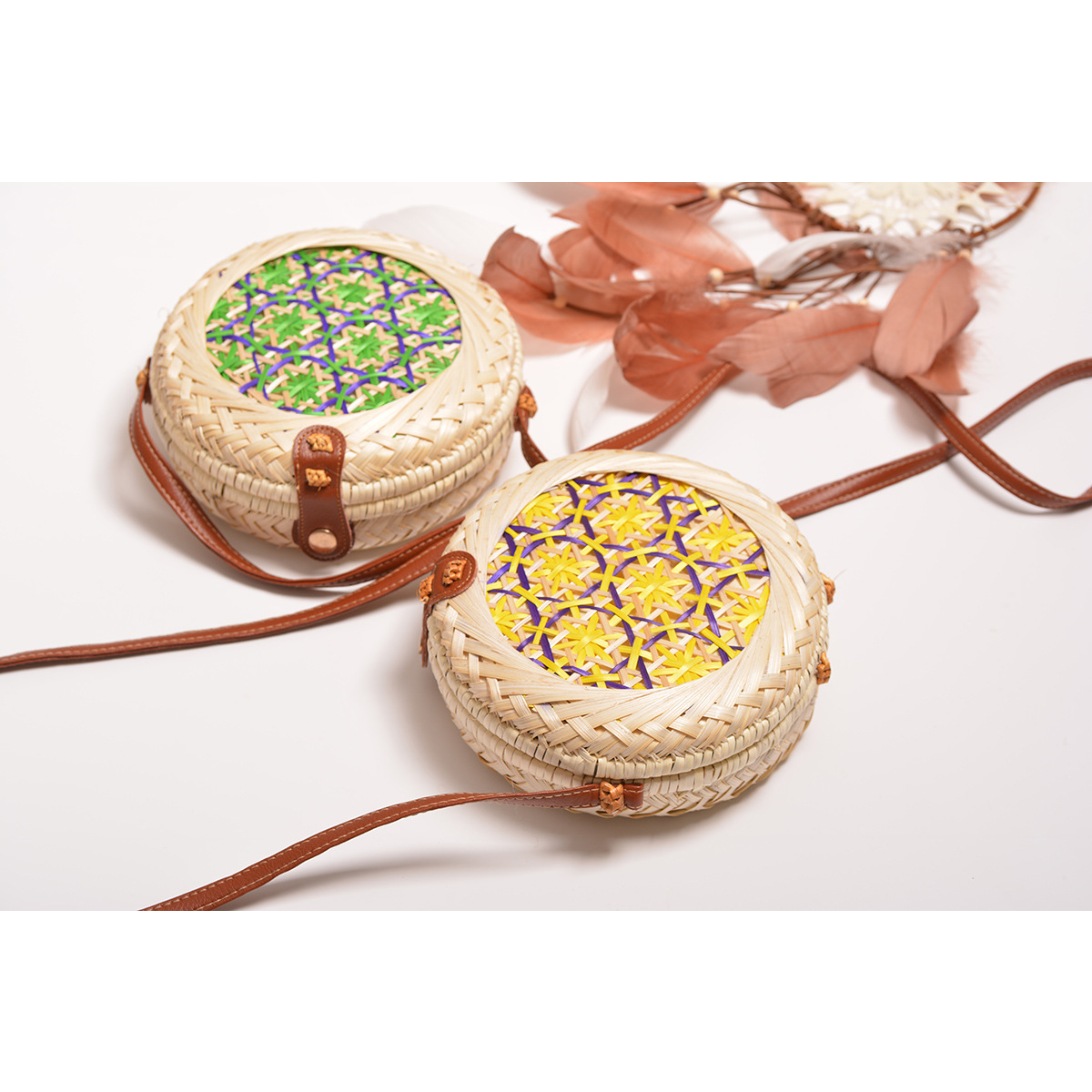 Natural Rattan Woven Colorful Pattern Round Box Crossbody Bag