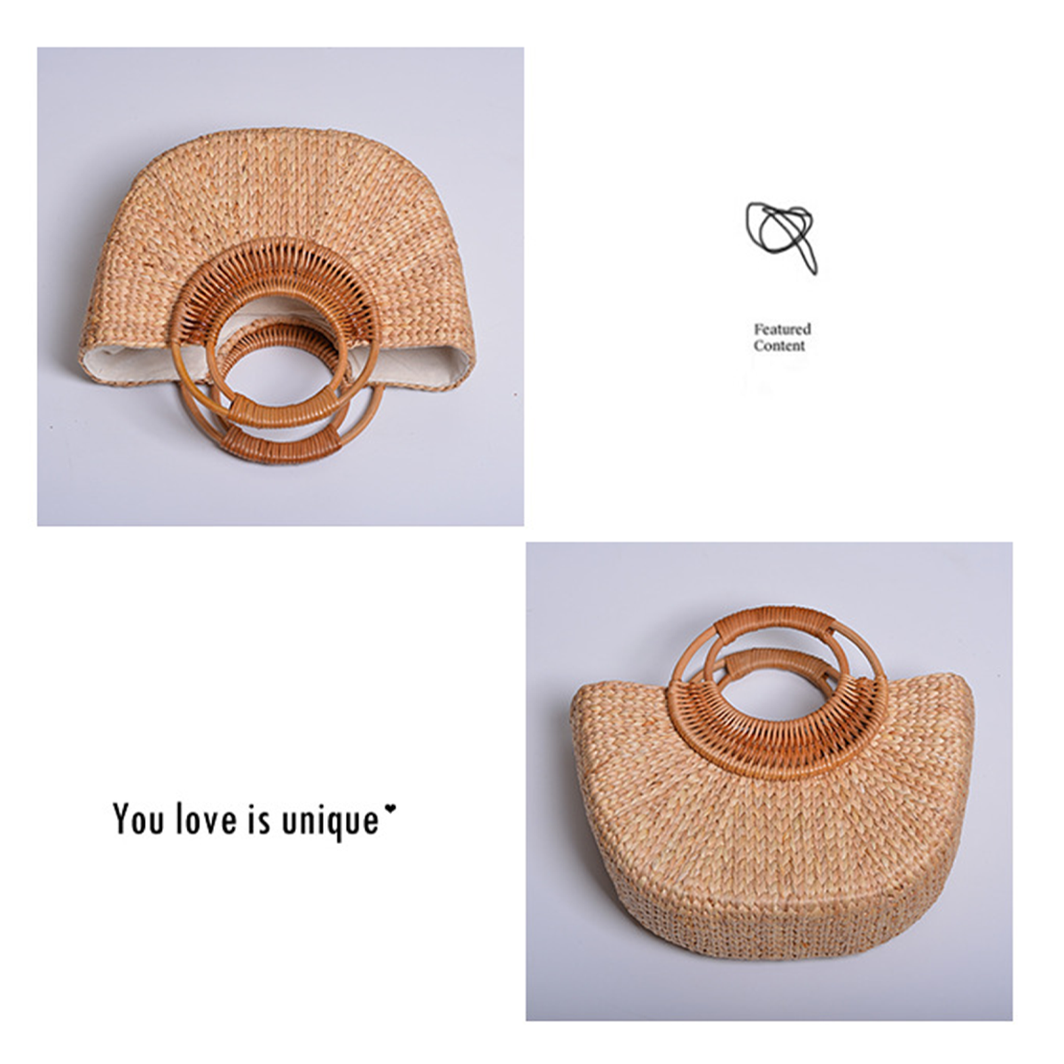 Natural straw woven moon-shaped rattan handle handbag