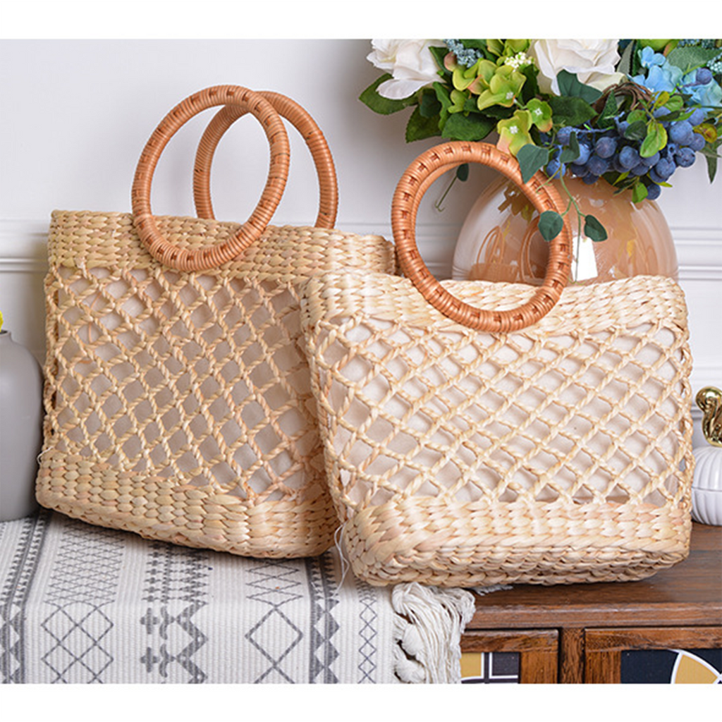 Grid-patterned natural straw double-loop handbag