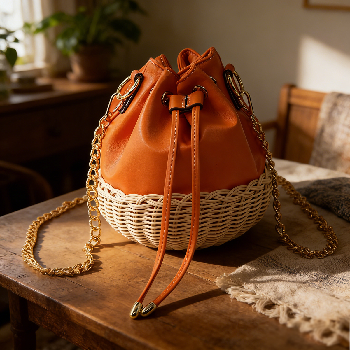 Warm Sun Orange Woven Bucket Bag