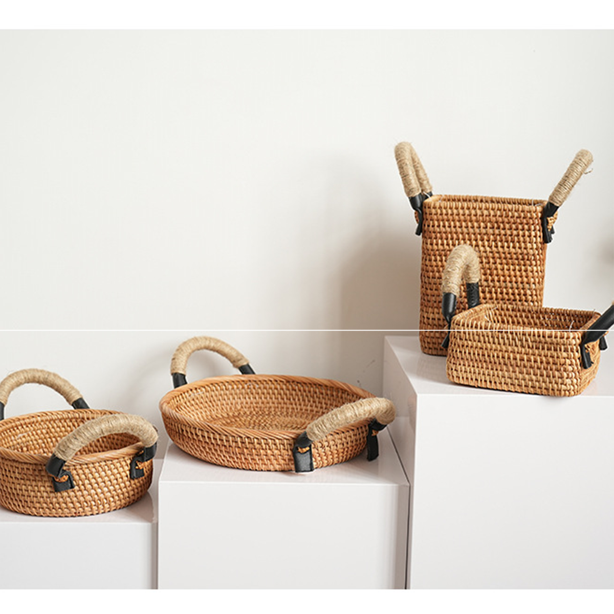 Natural Rattan Storage Basket Series with Hemp Rope Handles