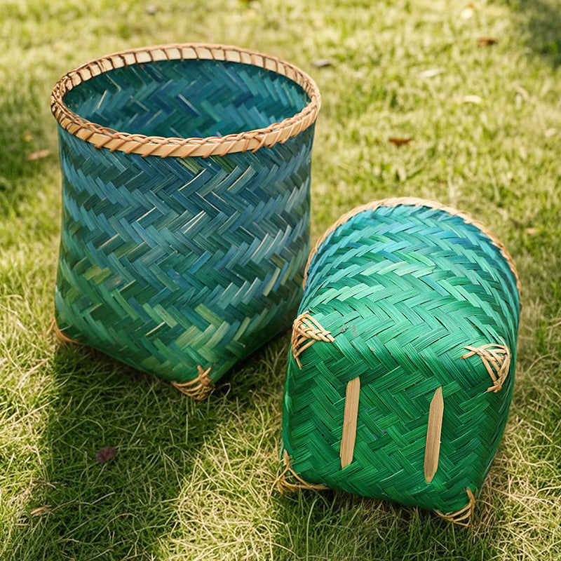 Gradient Green Bamboo Woven Square Storage Basket
